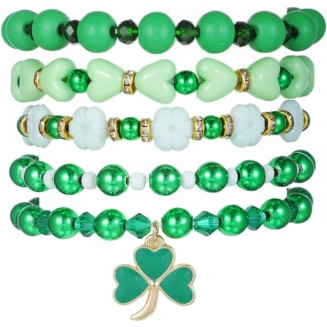 Cute Wooden Beads Bracelet Set Dwarf Hat Irish Shamrock Wooden Green Clover Strecth Bracelets