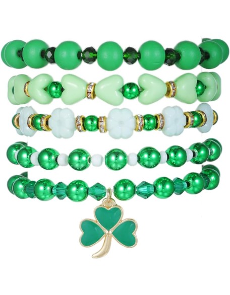 Cute Wooden Beads Bracelet Set Dwarf Hat Irish Shamrock Wooden Green Clover Strecth Bracelets