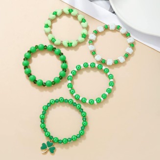 Cute Wooden Beads Bracelet Set Dwarf Hat Irish Shamrock Wooden Green Clover Strecth Bracelets