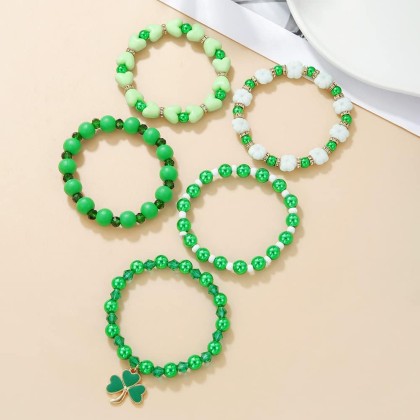 Cute Wooden Beads Bracelet Set Dwarf Hat Irish Shamrock Wooden Green Clover Strecth Bracelets