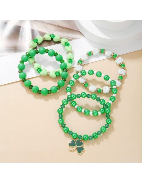 Cute Wooden Beads Bracelet Set Dwarf Hat Irish Shamrock Wooden Green Clover Strecth Bracelets