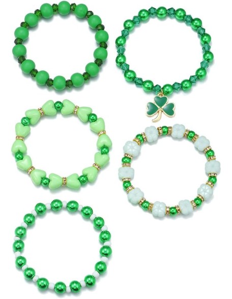Cute Wooden Beads Bracelet Set Dwarf Hat Irish Shamrock Wooden Green Clover Strecth Bracelets