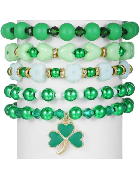 Cute Wooden Beads Bracelet Set Dwarf Hat Irish Shamrock Wooden Green Clover Strecth Bracelets